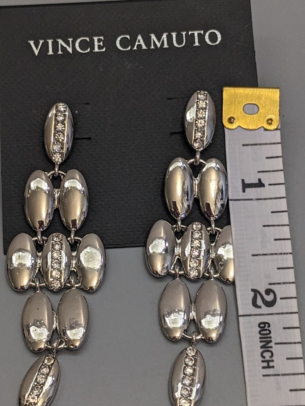 Vince Camuto Silver Tone Rhinestone Oval Drop Earrings New In Package - Picture 3 of 5
